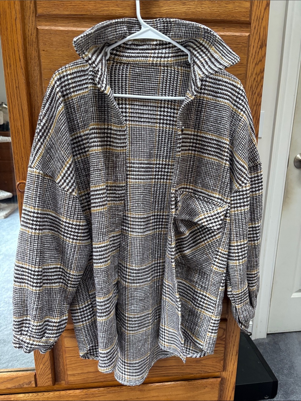 Source Unknown Plaid Oversized Shacket in Black, White & Tan